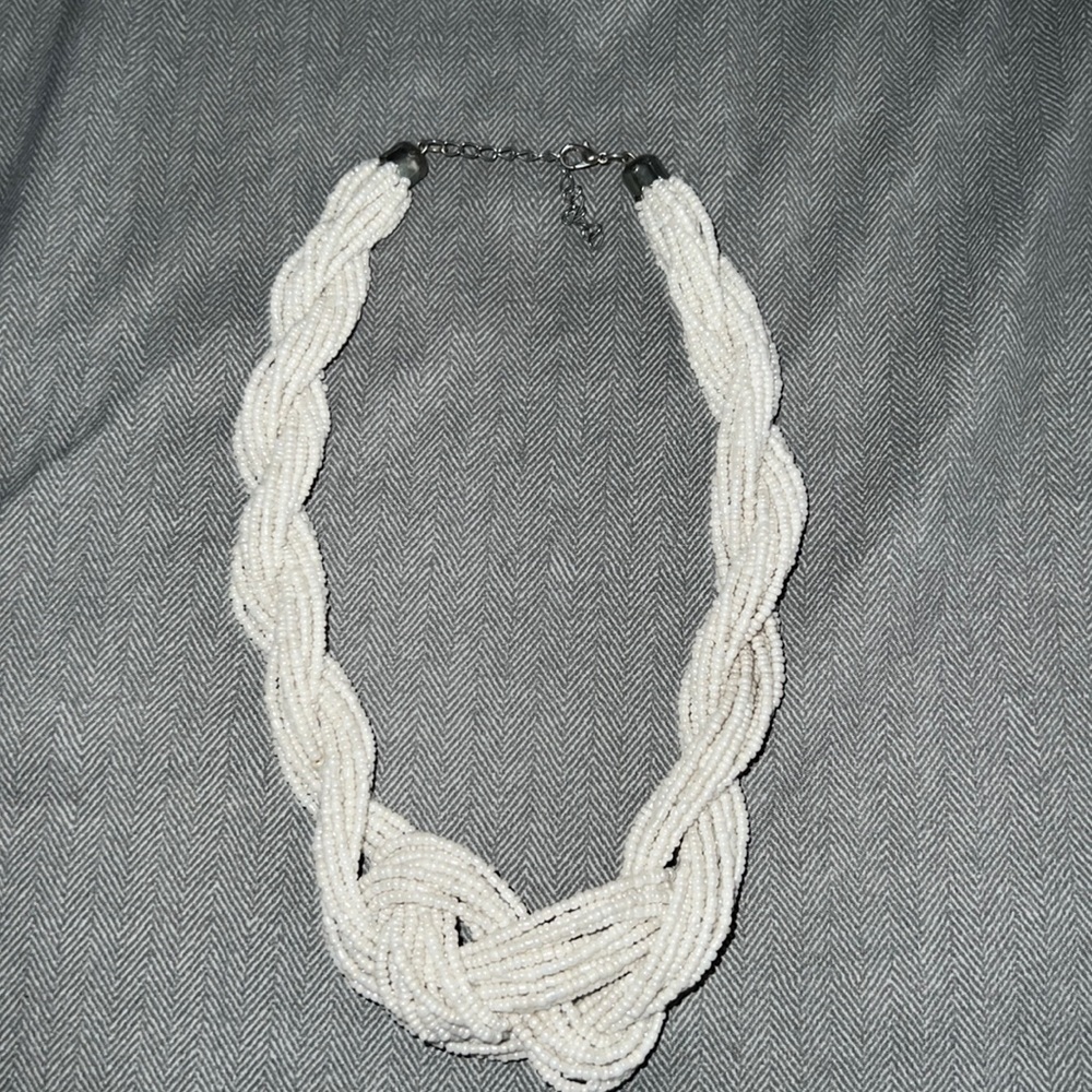 White Bead Braided Necklace